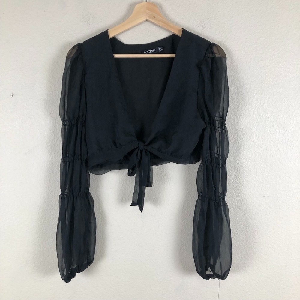 Nasty‎ Gal Sheer Tie Front Crop Top Women 2 Black Tier Puff Sleeve Y2K Coquette